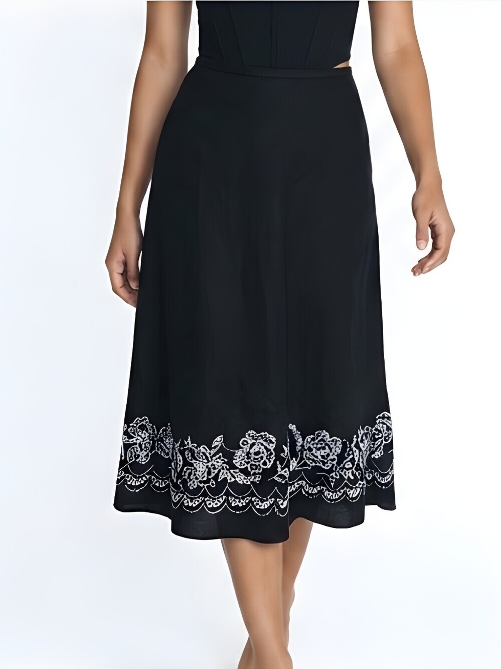 Loft Black A-Line Skirt with White Floral Embroidery Hem Beading/Sequin Accents